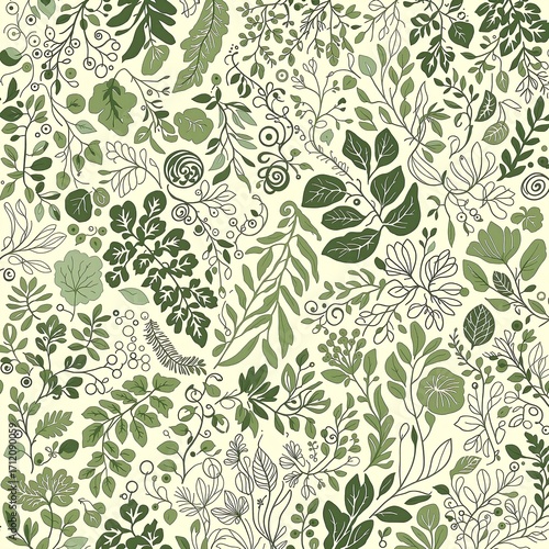 Intricate Green Botanical Pattern with Hand-Drawn Leaves and Swirls