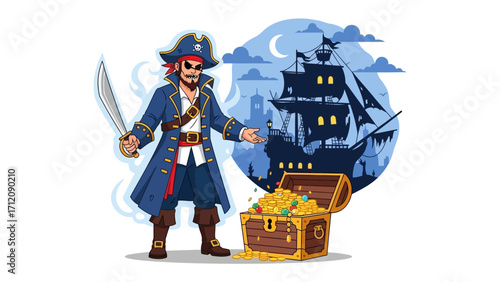 Pirate and Treasure Chest: A classic illustration showcases a swashbuckling pirate, complete with eye patch and cutlass, standing beside a treasure chest overflowing with gold coins.