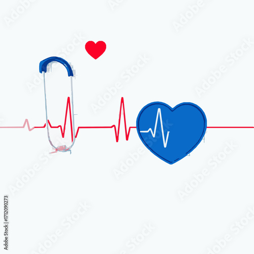 Red electrocardiogram line with a stethoscope and a blue heart symbol on a white background 