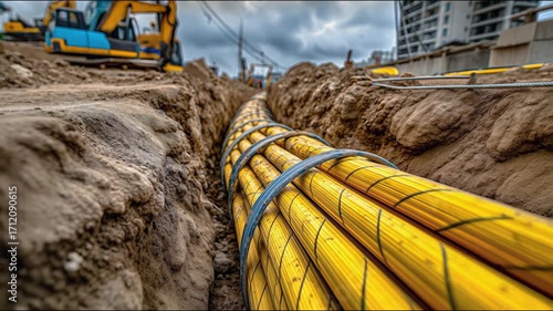 Yellow electrical cables are laid in a trench, secured with metal hoops, surrounded by soil and equipment.
