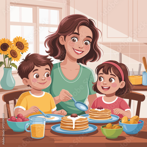 Mother and two children eating pancakes for breakfast in a kitchen vector illustration