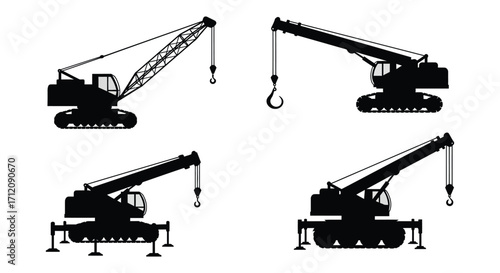 Silhouettes of construction cranes in varying positions and design styles
