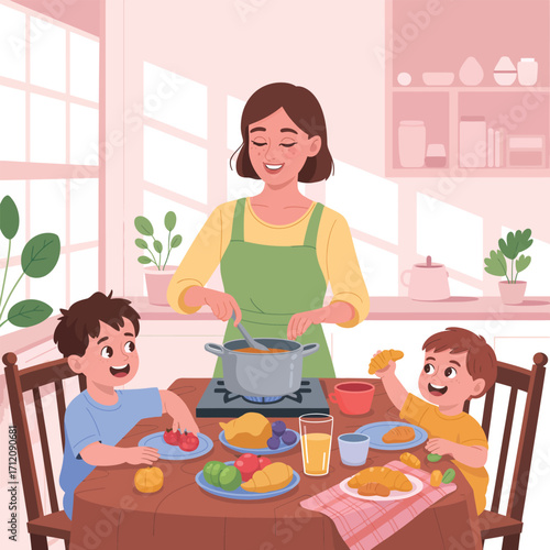 Mother cooking in the kitchen while her two sons eat breakfast at the table children