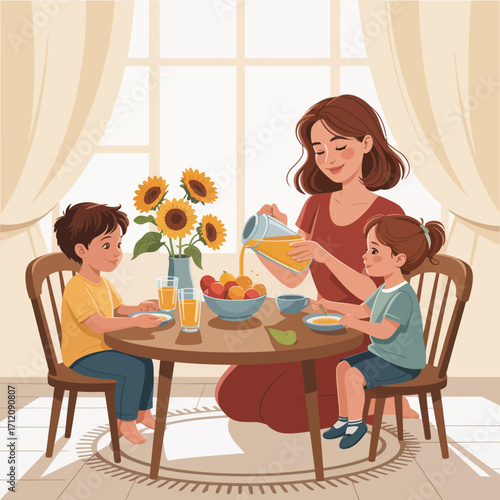 Mother pouring juice for children at breakfast table with sunflowers Keywords: family, breakfast