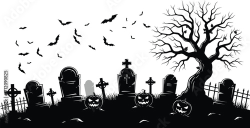 Spooky Halloween graveyard scene with carved pumpkins and flying bats under a bare tree.