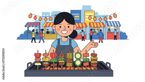 Street Food Vendor: A smiling vendor presents a vibrant array of freshly grilled skewers, offering a glimpse into the bustling energy of a street food market.