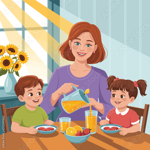 Mother pouring orange juice for happy children at breakfast table family kids
