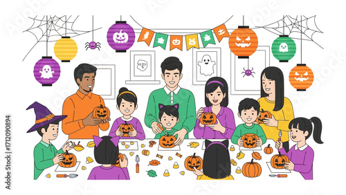 Halloween Gathering : A spirited gathering, families enthusiastically engage in pumpkin carving, their faces alight with joy and the thrill of Halloween spirit.