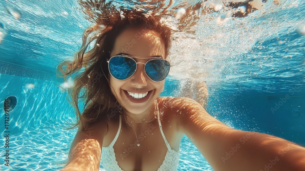 Fototapeta premium Smiling Young Woman Underwater in Swimming Pool Wearing Sunglasses, Enjoying Summer Vacation and Swimming