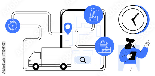 Delivery truck following a route via digital map. Stopwatch, clock, and worker with clipboard highlight supply chain, time management, and efficiency. Ideal for logistics, planning, tracking