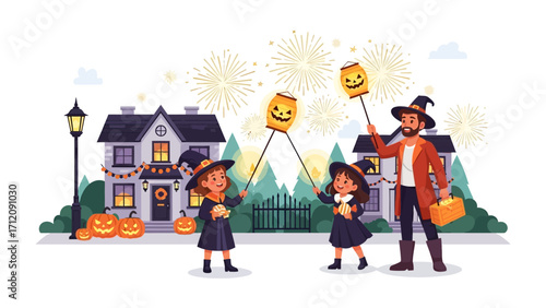 Halloween Night Celebration: An illustrative Halloween scene of a family dressed in costumes, enjoying a spooky celebration with lit pumpkins and fireworks, portraying the festive essence of autumn.