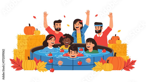 Festive Apple Bobbing Fun: A lively gathering of diverse individuals enjoying the traditional autumn pastime of apple bobbing amidst pumpkins, hay bales, and fall foliage.