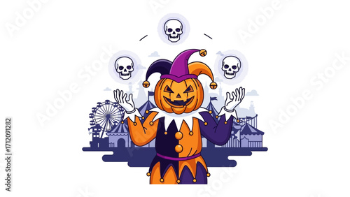 Halloween Pumpkin Juggler: A spooky illustration of a jovial pumpkin-headed jester juggling skulls under the night sky, surrounded by an ominous amusement park atmosphere.