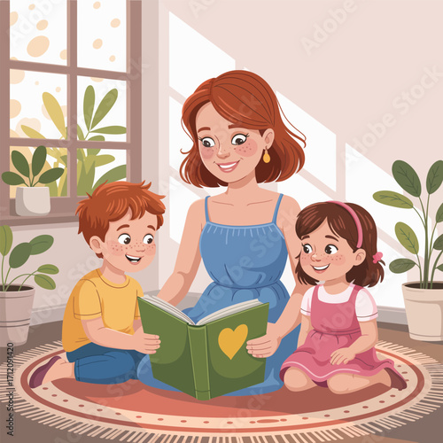 Mother reading a book to her son and daughter indoors on a rug children