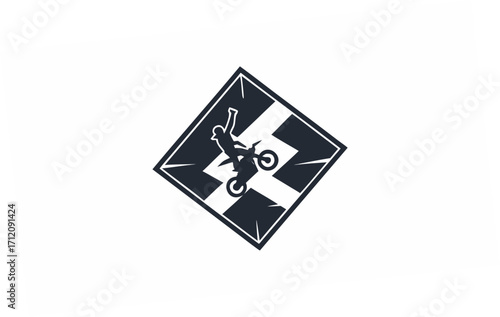 Silhouette of a person performing a motorbike stunt within a square shaped black and white graphic design