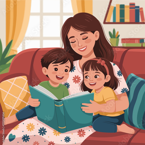 Mother reading a book to her son and daughter on a sofa children family