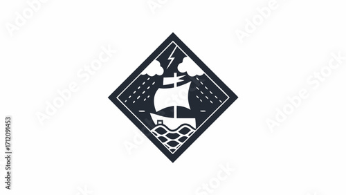 Illustration of a sailing ship on stormy seas within a diamond frame with rain and lightning bolts above it silhouette