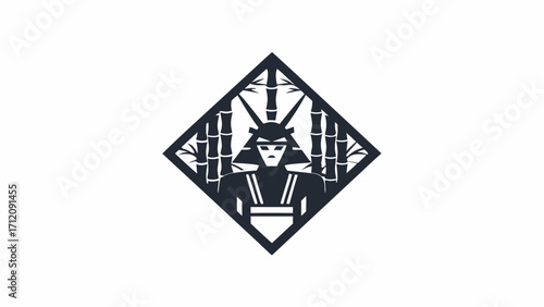 Silhouette of a samurai warrior with bamboo stalks inside a diamond shaped frame on a white background