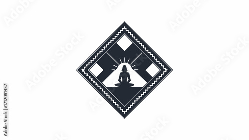 Silhouette of a person meditating inside a diamond shape with geometric designs and radiating light rays