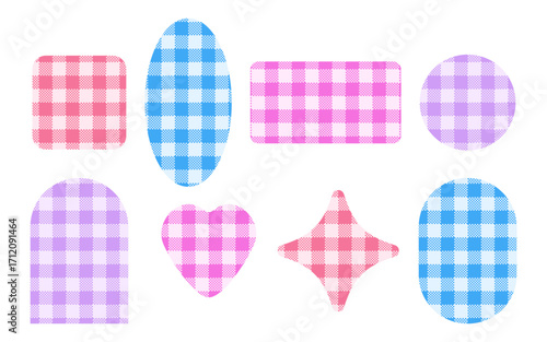 Vichy pattern label. Gingham tablecloth texture background. Plaid print for cute grid wallpaper. Abstract vintage flannel shape for kitchen banner or traditional buffalo patch. Retro scottish paper.