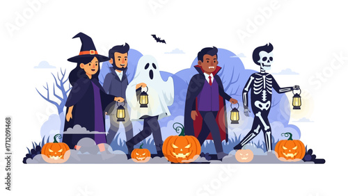 Halloween Procession: A vibrant Halloween parade with costumed figures, carrying lanterns and walking past carved pumpkins, embodying the festive spirit of the season in a whimsical illustration.