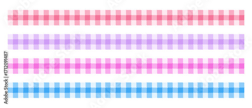 Gingham pattern border. Seamless plaid ribbon for cute baby banner with pink and blue scrapbook texture. Vintage vichy tape. Loincloth flannel birthday invitation illustration. Lilac tartan vector.