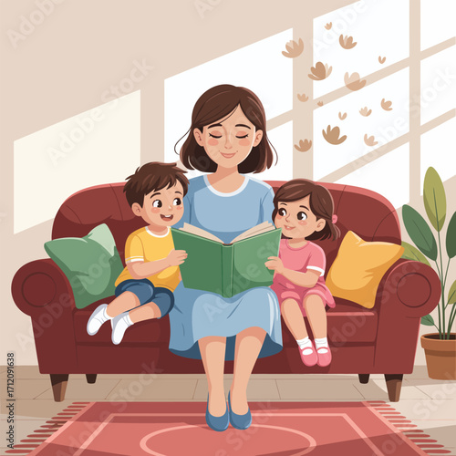 Mother reading a book to two children on a sofa at home story