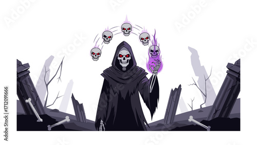 Grim Reaper's Domain: A haunting illustration presents the Grim Reaper, shrouded in darkness, against a backdrop of desolation, skull and surreal flames, evoking themes of mortality, Halloween.