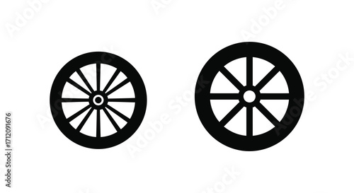 Simple black and white illustration depicting two circular wagon wheels