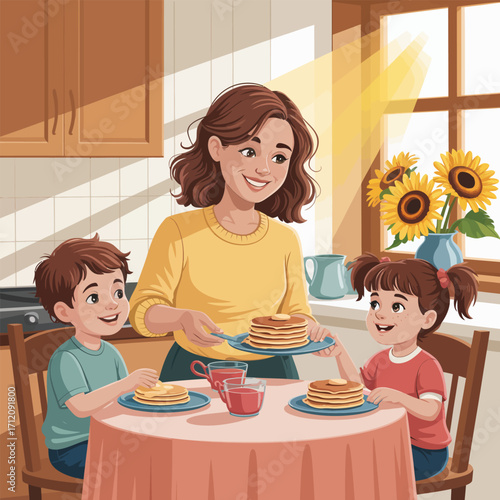 Mother serving pancakes to happy children at kitchen table with sunflowers breakfast