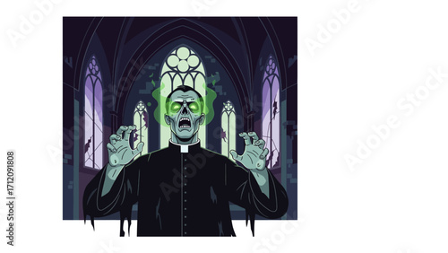 Undead Priest: In a dimly lit, gothic church, an animated priest rises as a formidable zombie, exuding a chilling essence of the supernatural.&#x20;