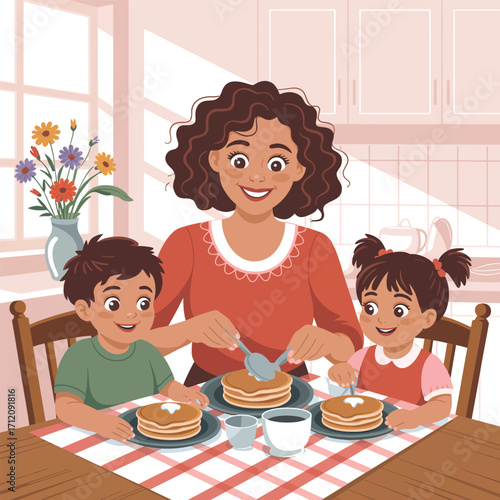 Mother serving pancakes to happy children at a kitchen table breakfast family