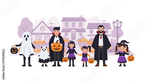 Halloween Gathering: A group of children and adults dressed in festive costumes, with houses and a street lamp, getting together and participating in traditional trick-or-treating festivities.