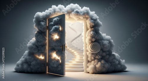 Pixelated White Doorway Surrounded by Fluffy Clouds Opening to Bright Staircase Light Against a Soft Gray Background with Dreamy Atmosphere and Pixel Art Style