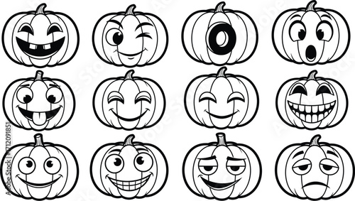 Collection of cartoon pumpkins with various funny and expressive faces for Halloween