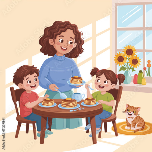 Mother serving pancakes to her happy children at the breakfast table vector illustration