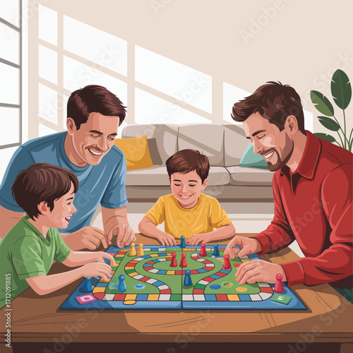 Two fathers and two sons playing a colorful board game at a table family