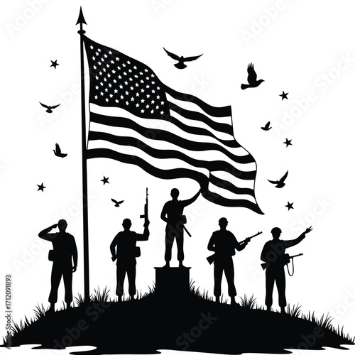 Five soldiers salute American flag with birds flying