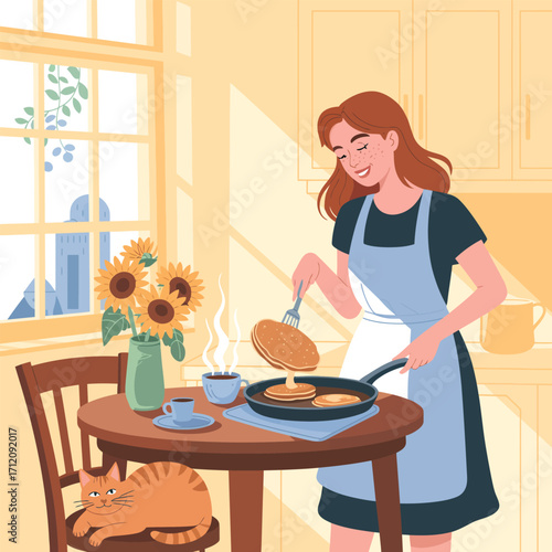 Woman cooking pancakes in a kitchen with sunflowers and a cat Keywords: woman, cooking, pancakes