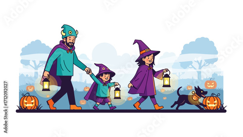 Family Halloween Fun: A happy family, dressed in their Halloween costumes, cheerfully strolls along a path, lantern in hand, as a playful dog happily dashes beside them.