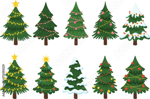 Christmas tree collection, festive holiday decorations, winter celebration, seasonal ornaments, colorful lights, snow covered trees, garlands, baubles, stars, Christmas design