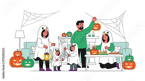 Halloween Family: a cozy indoor scene depicts a family filled with delight getting ready for Halloween. the cheerful members participate in carving pumpkins.