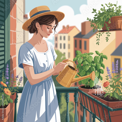 Woman in straw hat watering plants on a balcony with city view garden