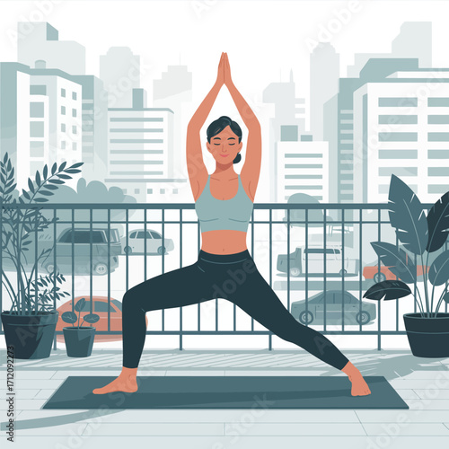 Woman practicing yoga warrior pose on a balcony with city skyline view fitness exercise