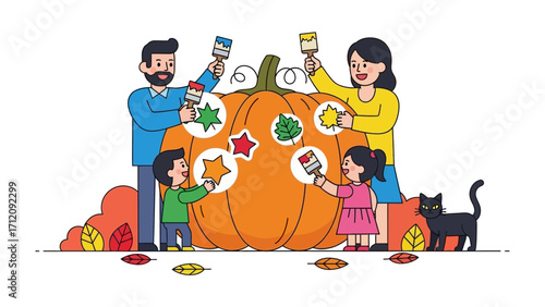 Family Painting Pumpkin Together: A loving family comes together to paint a vibrant pumpkin, symbolizing the warmth and joy of autumn, creating a cherished moment of togetherness.