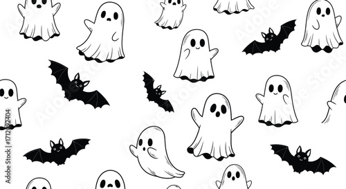 Spooky and cute ghost and bat pattern for Halloween fun and decorations