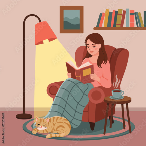 Woman reads a book by a lamp with a cat sleeping nearby reading armchair