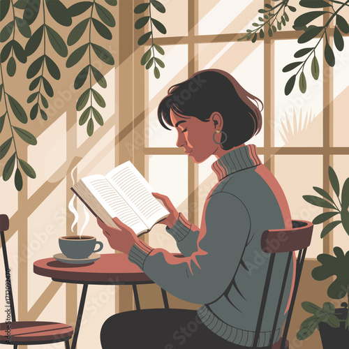 Woman reading a book with coffee in a cafe surrounded by plants vector illustration