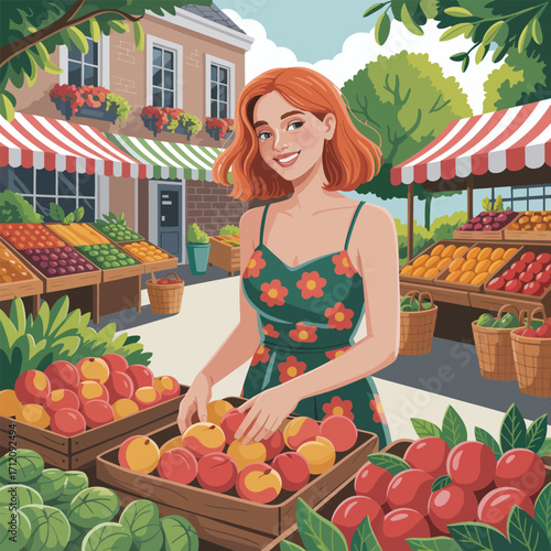 Woman selecting fresh fruit at an outdoor market stall with produce displays vector