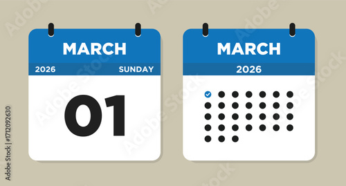 March 1 2026 Sunday Calendar Vector Illustration. 1 March calendar page. Day calendar with date March 1. Checklist day calendar. Modern Calendar template icon. Week Starts on Sunday. 